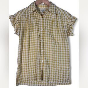 💛 Max Studio Yellow Gingham Ruffle Sleeve Button-Up Top | XS